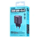 شاحن REMAX U2-AC35W سريع بتقنية GaN بقوة 35W، منافذ USB وType-C، شاشة رقمية لمراقبة الشحن، تصميم مدمج وأنيق، فيشة EU، باللون الفضي - ريماكس