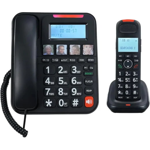 GOL NOM D2015TAM Expandable Corded and Cordless Phone System with Answering Machine, Big Button Handset, Caller ID, Screen, Black GOL NOM D2015TAM Expandable Corded and Cordless Phone System with Answering Machine, Big Button Handset, Caller ID, Screen, Black