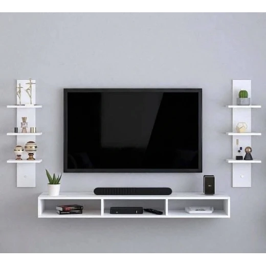 Handwood Modern Floating TV Console & Side Shelves Set – Stylish Wall-Mounted Wooden TV Unit with Side Shelves, Modern and Practical Design for Living Room Organization