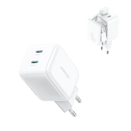 شاحن Joyroom GaN USB-C بقدرة 45W بمنفذين USB-C وتقنية Power Delivery مع إدارة للكابل، أبيض شاحن Joyroom GaN USB-C بقدرة 45W بمنفذين USB-C وتقنية Power Delivery مع إدارة للكابل، أبيض
