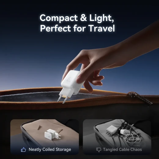 شاحن Joyroom GaN USB-C بقدرة 45W بمنفذين USB-C وتقنية Power Delivery مع إدارة للكابل، أبيض - جوي روم - Image 2