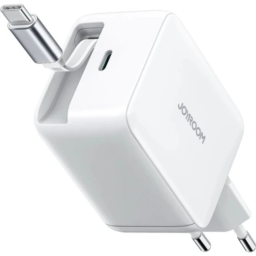 شاحن Joyroom USB-C بقدرة 67W مع كابل USB-C مدمج قابل للسحب ومنفذين USB-C للشحن السريع، أبيض شاحن Joyroom USB-C بقدرة 67W مع كابل USB-C مدمج قابل للسحب ومنفذين USB-C للشحن السريع، أبيض