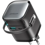 شاحن Joyroom JR-TCL02 GaN بقدرة 65W مع منفذي USB-C وUSB-A وكابل USB-C مدمج للشحن السريع للهواتف والأجهزة واللابتوب، أسود - جوي روم