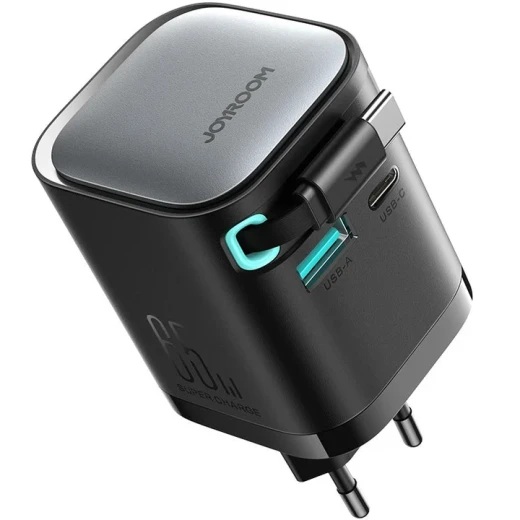 شاحن Joyroom JR-TCL02 GaN بقدرة 65W مع منفذي USB-C وUSB-A وكابل USB-C مدمج للشحن السريع للهواتف والأجهزة واللابتوب، أسود - جوي روم - Image 5