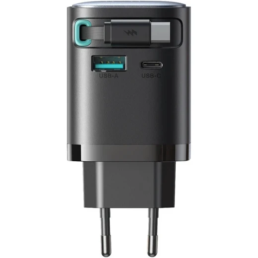 شاحن Joyroom JR-TCL02 GaN بقدرة 65W مع منفذي USB-C وUSB-A وكابل USB-C مدمج للشحن السريع للهواتف والأجهزة واللابتوب، أسود - جوي روم - Image 3