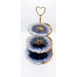 3-Tier Resin Serving Stand, Black and White Decorative Dessert Tray with Gold Metal Handle, 25/20/15 cm, Elegant Serving Stand for Cakes, Fruits, Snacks and Parties