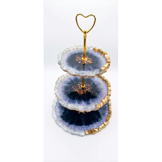 3-Tier Resin Serving Stand, Black and White Decorative Dessert Tray with Gold Metal Handle, 25/20/15 cm, Elegant Serving Stand for Cakes, Fruits, Snacks and Parties