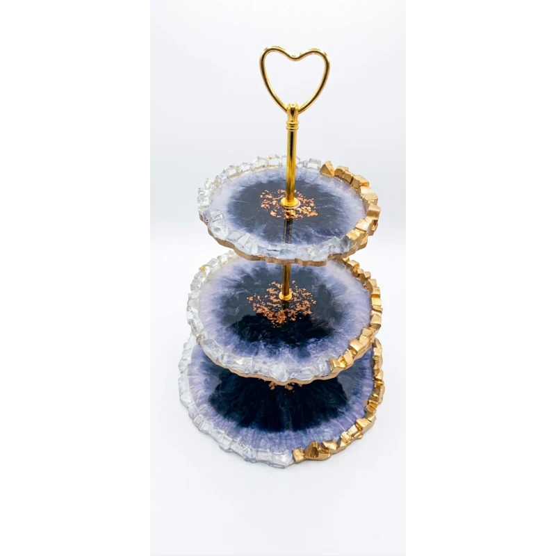 3-Tier Resin Serving Stand, Black and White Decorative Dessert Tray with Gold Metal Handle, 25/20/15 cm, Elegant Serving Stand for Cakes, Fruits, Snacks and Parties - Maha resion