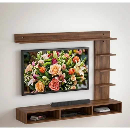 Handwood Modern Floating Frame TV Entertainment Unit – Wall-Mounted Wooden TV Console with Bottom Storage, Top Display Shelf and Integrated 4-Tier Side Rack for Living Room Handwood Modern Floating Frame TV Entertainment Unit – Wall-Mounted Wooden TV Console with Bottom Storage, Top Display Shelf and Integrated 4-Tier Side Rack for Living Room