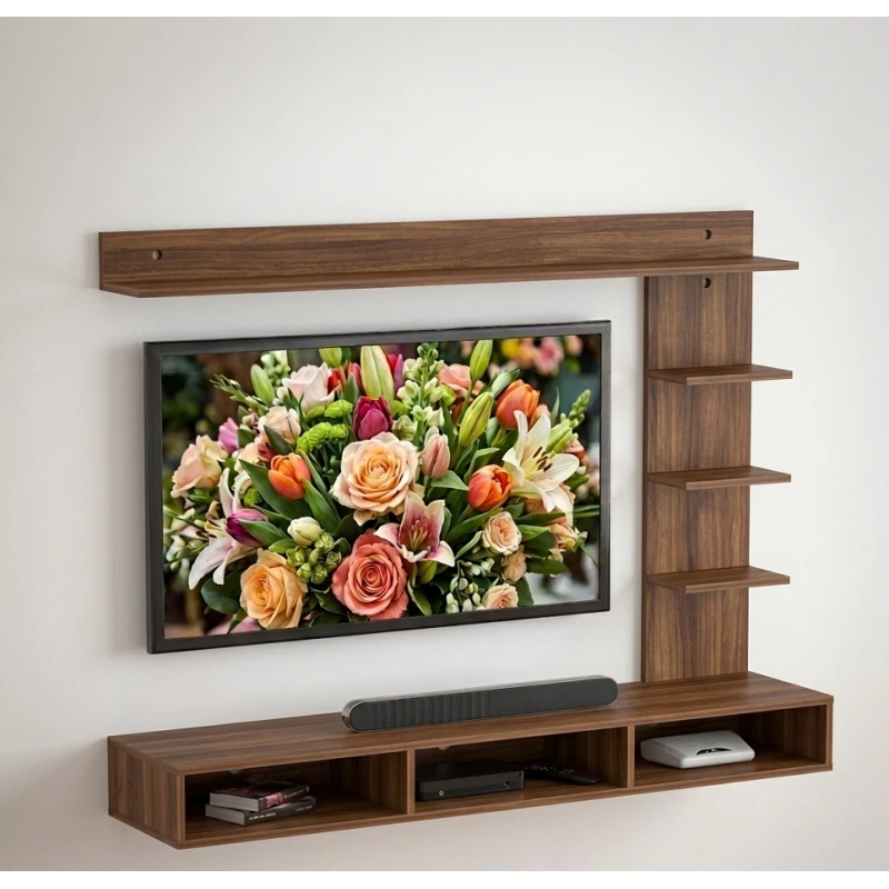 Handwood Modern Floating Frame TV Entertainment Unit – Wall-Mounted Wooden TV Console with Bottom Storage, Top Display Shelf and Integrated 4-Tier Side Rack for Living Room - Handwood