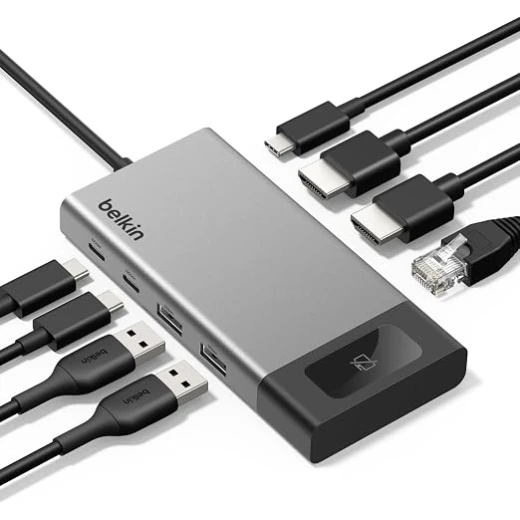 Belkin USB-C Hub 8-in-1، محطة توصيل متعددة المنافذ بقدرة 100W، دعم شاشتين بدقة 4K@60Hz، نقل بيانات 10Gbps، HDMI، Ethernet وUSB
