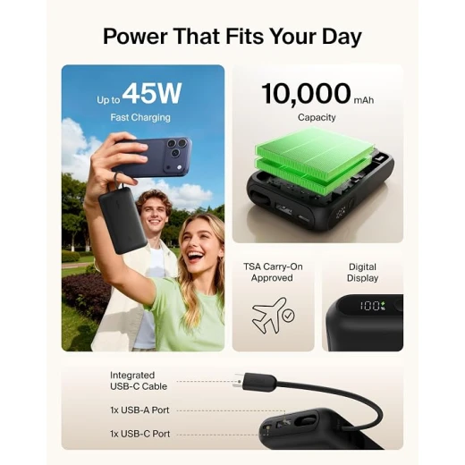 Belkin UltraCharge باور بانك 10000mAh بقوة 45W، كابل USB-C مدمج، شاشة رقمية، شحن 3 أجهزة معًا، USB-C وUSB-A، تصميم محمول أسود - بيلكين - Image 4