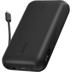 Belkin UltraCharge باور بانك 20000mAh بقوة 45W، كابل USB-C مدمج، شاشة رقمية، شحن 3 أجهزة معًا، USB-C وUSB-A، بطارية محمولة للسفر، أسود