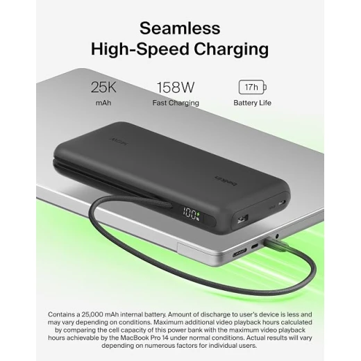 Belkin UltraCharge Pro 25000mAh Power Bank 158W, Built-In USB-C Cable, Digital Display, 3-Device Charging, USB-C & USB-A, Fast Laptop Charger, Black - Belkin - Image 2