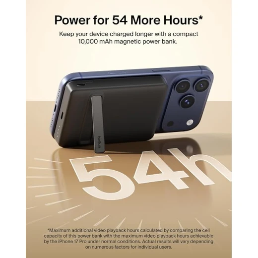 Belkin BoostCharge 10000mAh Magnetic Power Bank, Qi2 Certified 15W Wireless Charging, Magnetic Ring, Built-In Stand, USB-C Ports, Cable Included, Black - Belkin - Image 3