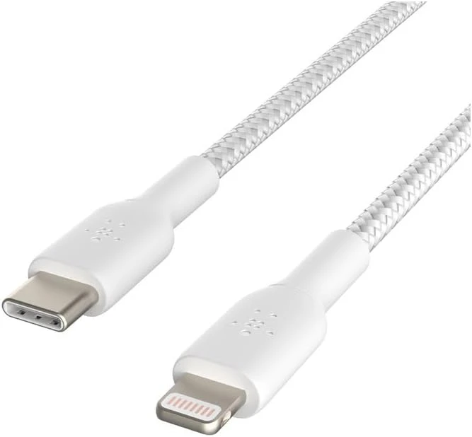 بلكن بوست تشارج كابل USB-C إلى Lightning بطول 2 متر، مضفر بالنايلون، معتمد MFi، شحن سريع 18 واط، متوافق مع iPhone وiPad وAirPods، أبيض - بيلكين