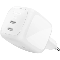 بلكن SmartProtect شاحن جداري USB-C مزدوج بقوة 67 واط، شحن سريع بمنفذين، تقنية GaN وPPS وPD، متوافق مع MacBook وiPhone وiPad وGalaxy وPixel، أبيض