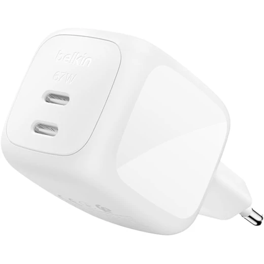 بلكن SmartProtect شاحن جداري USB-C مزدوج بقوة 67 واط، شحن سريع بمنفذين، تقنية GaN وPPS وPD، متوافق مع MacBook وiPhone وiPad وGalaxy وPixel، أبيض بلكن SmartProtect شاحن جداري USB-C مزدوج بقوة 67 واط، شحن سريع بمنفذين، تقنية GaN وPPS وPD، متوافق مع MacBook وiPhone وiPad وGalaxy وPixel، أبيض