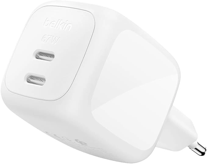 بلكن SmartProtect شاحن جداري USB-C مزدوج بقوة 67 واط، شحن سريع بمنفذين، تقنية GaN وPPS وPD، متوافق مع MacBook وiPhone وiPad وGalaxy وPixel، أبيض - بيلكين