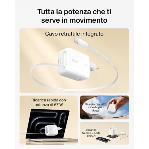 بلكن شاحن GaN USB-C بقوة 67 واط مع كابل USB-C قابل للسحب بطول 1 متر ومنفذ USB-C، شحن سريع لـ iPhone وGalaxy وMacBook وiPad وChromebook - بيلكين - Image 3