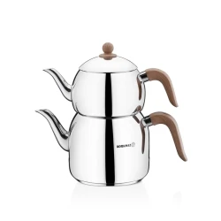 Korkmaz Retro 2.5L Stainless Steel Double Teapot Set, 18/10 Turkish Tea Maker with Energy-Saving Capsule Base and Heat-Resistant Handles