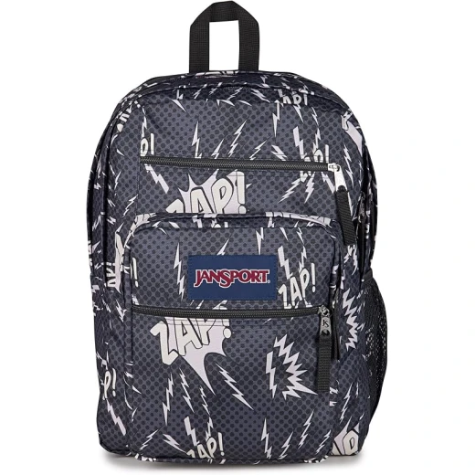 JanSport Big Student حقيبة ظهر مدرسية 34 لتر أسود ورمادي، حجرة لابتوب مبطنة 15 بوصة، حجرتان رئيسيتان وجيوب متعددة