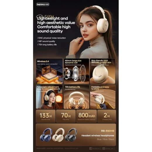 REMAX RB-560HB Bluetooth Headphones, Wireless Over-Ear Headset, Clear High-Quality Sound, Comfortable Earpads, Wireless Connectivity, Ideal for Music, Calls & Daily Use - Remax - Image 5