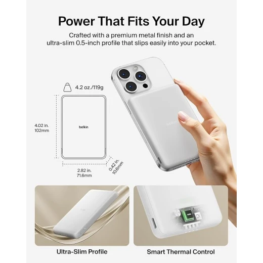 Belkin BoostCharge Magnetic Power Bank 5000mAh, Slim Portable Wireless Charger, White, Magnetic Charging, BPD010HQWH, 119g - Belkin - Image 4