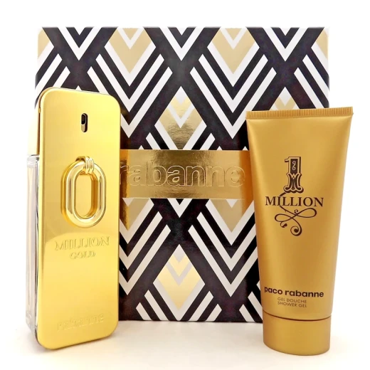 Million Gold by Rabanne Men’s Gift Set, 2 Pieces with 100 ml Eau de Parfum Intense Spray and 100 ml Shower Gel, an elegant set perfect for gifting. Million Gold by Rabanne Men’s Gift Set, 2 Pieces with 100 ml Eau de Parfum Intense Spray and 100 ml Shower Gel, an elegant set perfect for gifting.