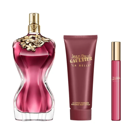 Jean Paul Gaultier La Belle Ladies Gift Set, 3 Pieces with 100 ml Eau de Parfum, 75 ml Body Lotion and Miniature, featuring pear, vetiver and vanilla notes. Jean Paul Gaultier La Belle Ladies Gift Set, 3 Pieces with 100 ml Eau de Parfum, 75 ml Body Lotion and Miniature, featuring pear, vetiver and vanilla notes.