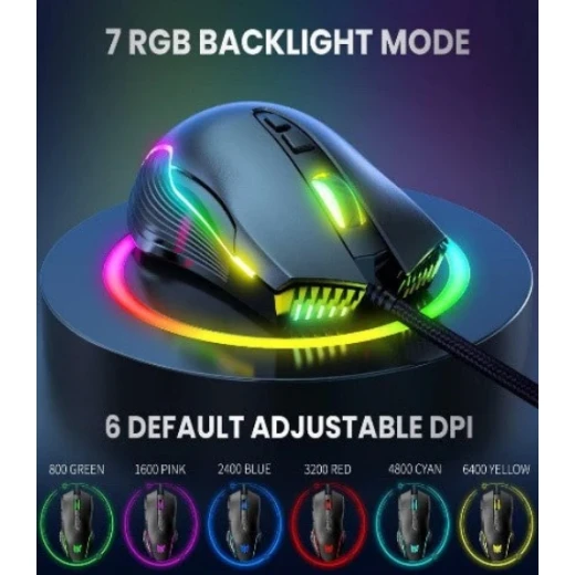 أونيكوما CW905 ماوس ألعاب سلكي USB بإضاءة RGB LED وحساس بصري دقيق وتصميم مريح وإعدادات DPI قابلة للتعديل لتجربة لعب سلسة ودقيقة باللون الأسود - أونيكوما - Image 2
