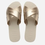 شبشب Havaianas نسائي باللون البيج، مقاس 43-44 (41-42BR)، طول 26.5 سم، بحزامين عريضين بتصميم X ولمسة معدنية أنيقة - هافياناس