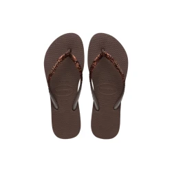 شبشب Havaianas Slim Glitter II نسائي باللون البني الداكن، مقاس 35/36، بأشرطة لامعة وجليتر أنيق، تصميم نحيف وخفيف ومريح، مثالي للصيف والشاطئ والمسبح
