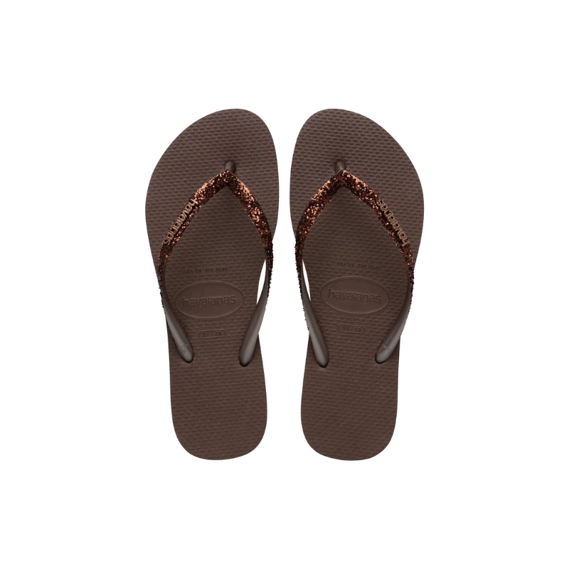 شبشب Havaianas Slim Glitter II نسائي باللون البني الداكن، مقاس 35/36، بأشرطة لامعة وجليتر أنيق، تصميم نحيف وخفيف ومريح، مثالي للصيف والشاطئ والمسبح - هافياناس