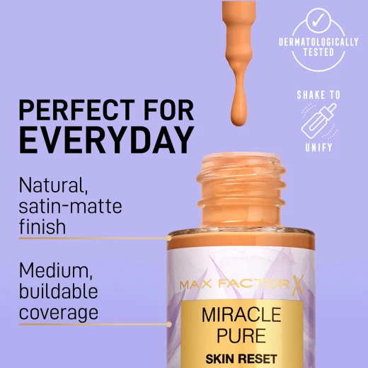 Max Factor Miracle Pure Skin Reset Serum Foundation 30-40 Fair to Light – 2% Niacinamide, Medium Coverage, Satin Matte Finish - Max - Image 5