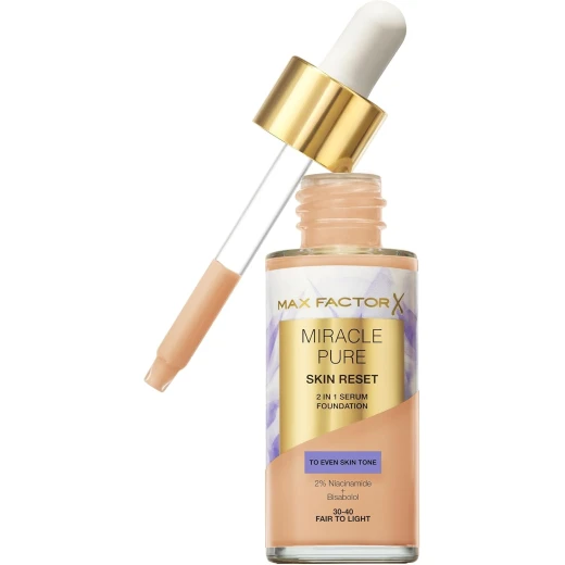 Max Factor Miracle Pure Skin Reset Serum Foundation 30-40 Fair to Light – 2% Niacinamide, Medium Coverage, Satin Matte Finish Max Factor Miracle Pure Skin Reset Serum Foundation 30-40 Fair to Light – 2% Niacinamide, Medium Coverage, Satin Matte Finish