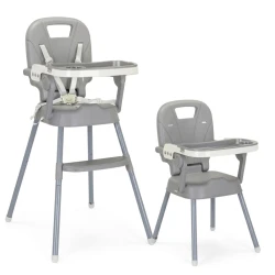 3-in-1 Baby High Chair in Grey, Convertible to Low Chair or Booster Seat, with 5-Point Safety Harness and Easy-to-Clean Double Tray