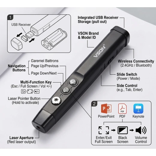 Vson V-890 Laser Pointer Black – Wireless Presenter with 2.4GHz RF, Red Laser Pointer 650nm, Up to 200m Laser Range, 10–15m Wireless Control, USB Plug & Play Receiver, Next & Previous Slide Control Vson V-890 Laser Pointer Black – Wireless Presenter with 2.4GHz RF, Red Laser Pointer 650nm, Up to 200m Laser Range, 10–15m Wireless Control, USB Plug & Play Receiver, Next & Previous Slide Control