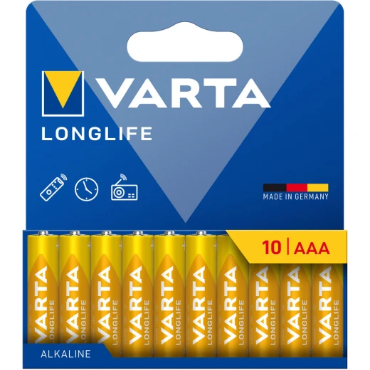 بطاريات VARTA Longlife AAA LR03، عبوة 10 قطع، 1.5 فولت، طاقة طويلة الأمد للأجهزة منخفضة الاستهلاك مثل أجهزة التحكم والساعات والراديو بطاريات VARTA Longlife AAA LR03، عبوة 10 قطع، 1.5 فولت، طاقة طويلة الأمد للأجهزة منخفضة الاستهلاك مثل أجهزة التحكم والساعات والراديو