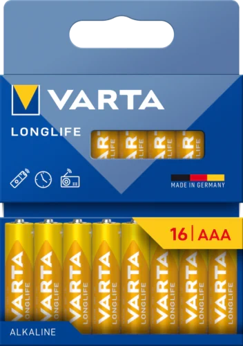 VARTA Longlife AAA Batteries, 16-Pack, 1.5V, Long-Lasting Alkaline Power with up to 10 Years of Storage, Ideal for Remotes, Clocks and Radios - VARTA