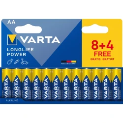 بطاريات VARTA Longlife Power AA، عبوة 12 قطعة (8+4)، 1.5 فولت، قلوية، طاقة قوية للأجهزة عالية الاستهلاك، صناعة ألمانية وتخزين حتى 10 سنوات