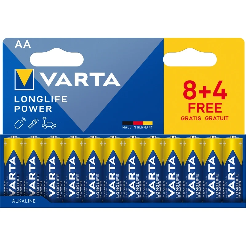 بطاريات VARTA Longlife Power AA، عبوة 12 قطعة (8+4)، 1.5 فولت، قلوية، طاقة قوية للأجهزة عالية الاستهلاك، صناعة ألمانية وتخزين حتى 10 سنوات - فارتا