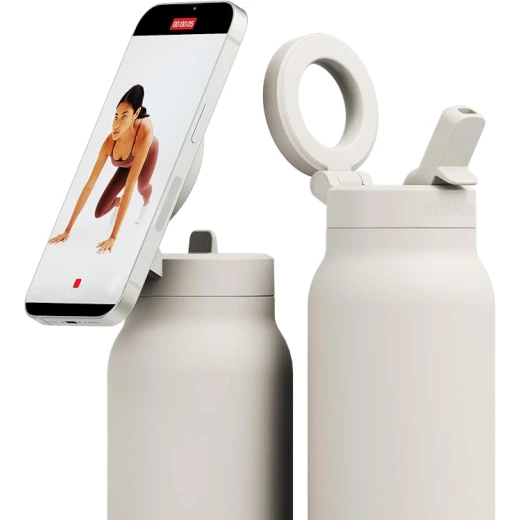Ringo Pro 24oz Stainless Steel Water Bottle in Ivory with Double-Wall Vacuum Insulation, Rotating Magnetic Phone Holder and Integrated Straw Ringo Pro 24oz Stainless Steel Water Bottle in Ivory with Double-Wall Vacuum Insulation, Rotating Magnetic Phone Holder and Integrated Straw