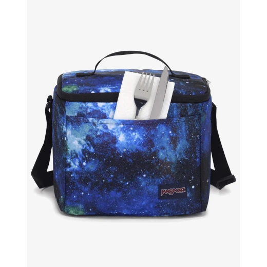 JanSport Super Snack Lunch Bag in Cyberspace Galaxy, 9L capacity with insulated main compartment, BPA-free liner, front pocket and adjustable shoulder strap - JanSport - Image 3