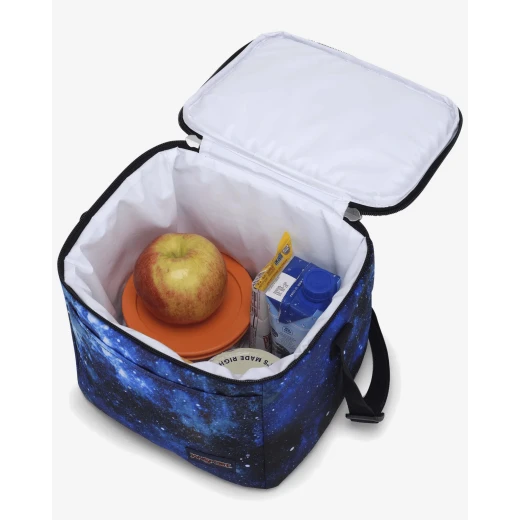 JanSport Super Snack Lunch Bag in Cyberspace Galaxy, 9L capacity with insulated main compartment, BPA-free liner, front pocket and adjustable shoulder strap - JanSport - Image 2