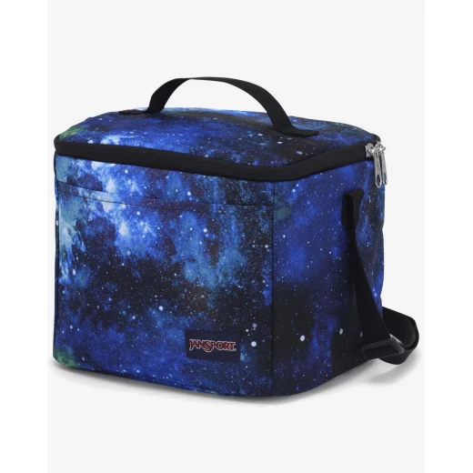 JanSport Super Snack Lunch Bag in Cyberspace Galaxy, 9L capacity with insulated main compartment, BPA-free liner, front pocket and adjustable shoulder strap JanSport Super Snack Lunch Bag in Cyberspace Galaxy, 9L capacity with insulated main compartment, BPA-free liner, front pocket and adjustable shoulder strap