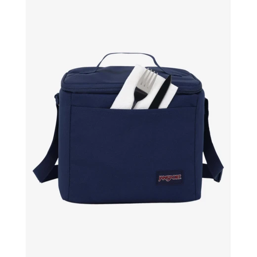 JanSport Super Snack Lunch Bag in Navy, 9L capacity with insulated main compartment, BPA-free liner, front pocket and adjustable shoulder strap - JanSport - Image 2