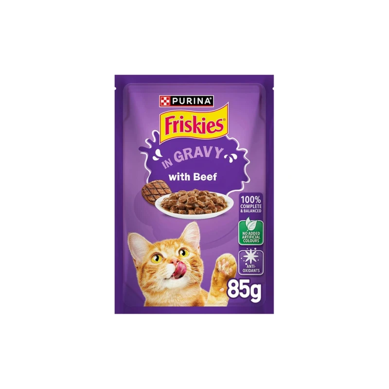 بورينـا فريسـكيز قطع لحم البقر في مرق طعام القطط الرطب 85 جرام - Purina Friskies