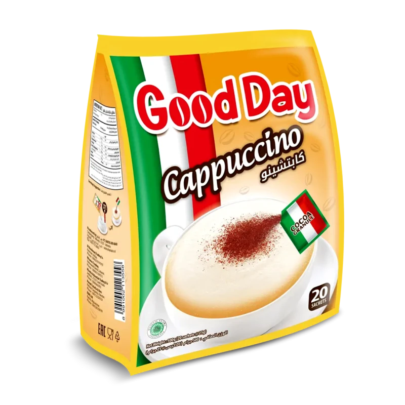 قود داي GOOD DAY قهوة كابتشينو سريعة التحضير 25 غم × 20 ظرف – مشروب كابتشينو غني بنكهة القهوة وقوام كريمي لذيذ وسهل التحضير - قود داي