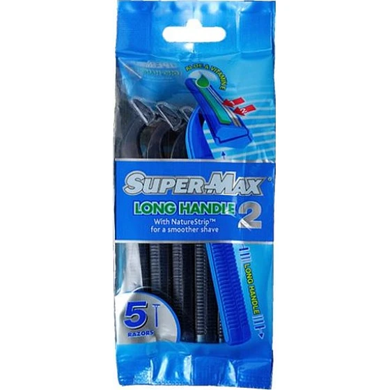 سوبر ماكس Super-Max شفرات حلاقة رجالية ثنائية الشفرة بمقبض طويل، استخدام مرة واحدة، 5 قطع، لحلاقة مريحة وسلسة - Super-Max